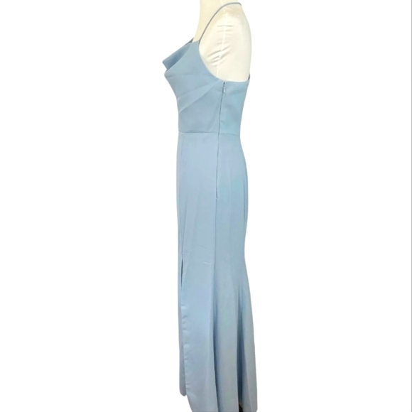 After 6 Draped Cowl Neck Mist Pale Blue Trumpet Gown Wedding Side Slit Sz 12 NWT - Picture 5 of 14